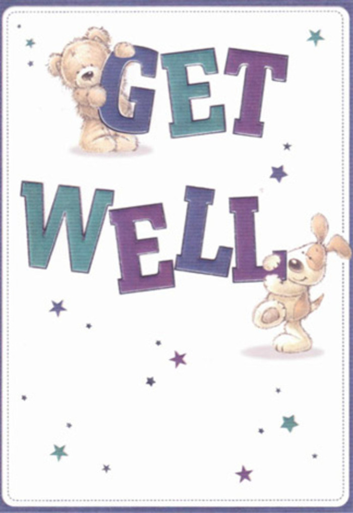 This get well card, illustrated with the kind of thoughtful cheer you'd find in a classic Hendon bakery window, features a lovable bear and an exuberant puppy, both engaged in spreading uplifting wishes. Playful starbursts swirl through the scene, scattering gentle encouragement and a touch of whimsy around the characters and the bold, friendly text. Each letter, shaded in vibrant purples and aquas, anchors the composition with a sense of optimistic reassurance, recalling the soothing blues and lavenders found in bouquets picked up near Hendon Central. The tactile softness of the bear's plush fur and the puppy's velvety ears almost reach beyond the paper, inviting a sense of nurturing calm much like the feel of fresh freesia or lisianthus from a local florist's bundle. The card's crisp white background casts a gentle glow, enhancing the lightness and clarity that are so welcome in moments of recovery. Imagine, as you look, the experience of gifting this card alongside a fresh arrangement by Hendon Florist-each element curated, each detail brightening a loved one's day and echoing the heartfelt community spirit of NW4. Together, they make a perfect pair: visual comfort and fragrant reassurance for any friend or family member on the mend.